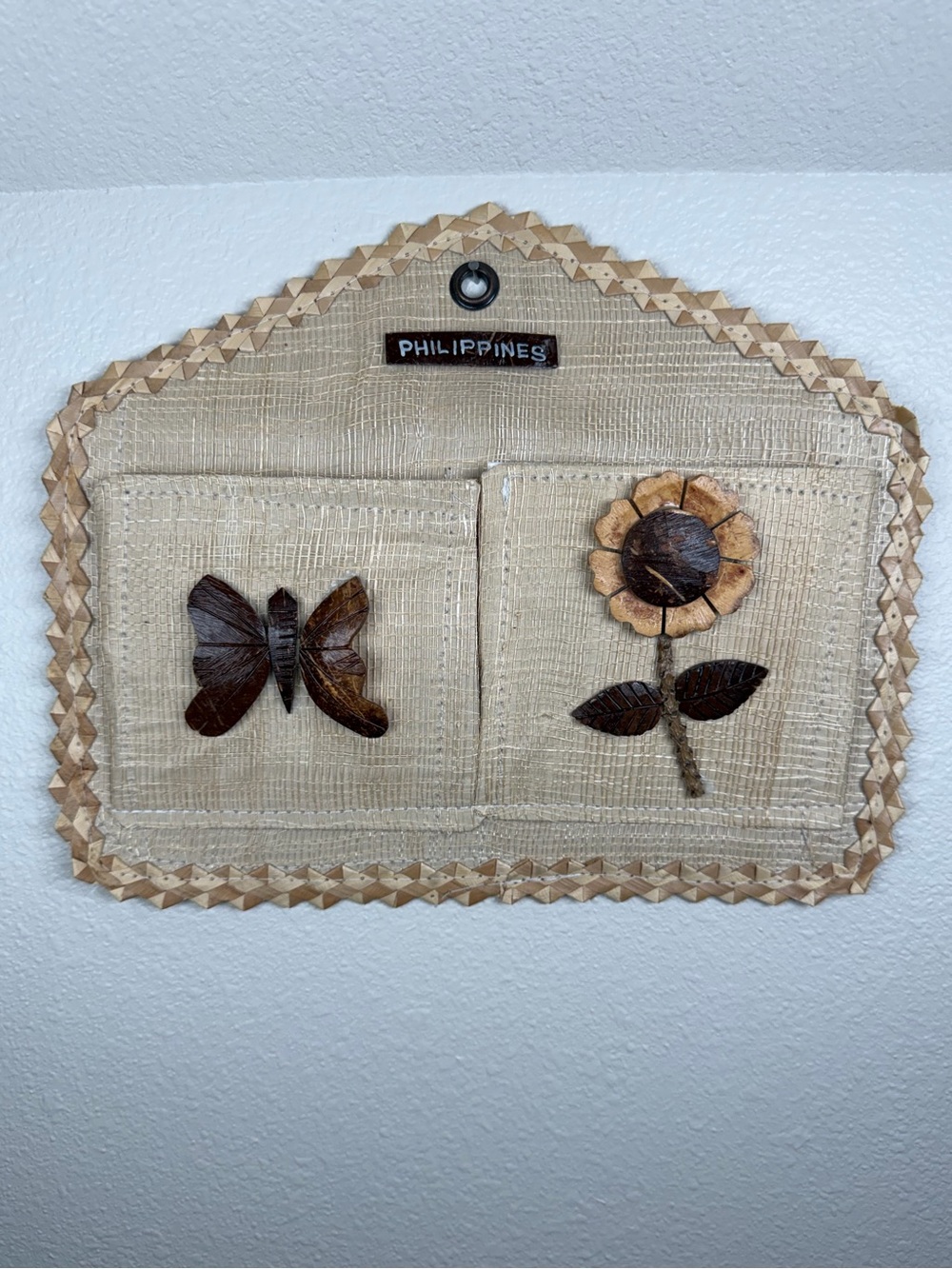 Vintage Woven Rattan Raffia Mail Bill Sorter Coconut Shell Butterfly Sunflower